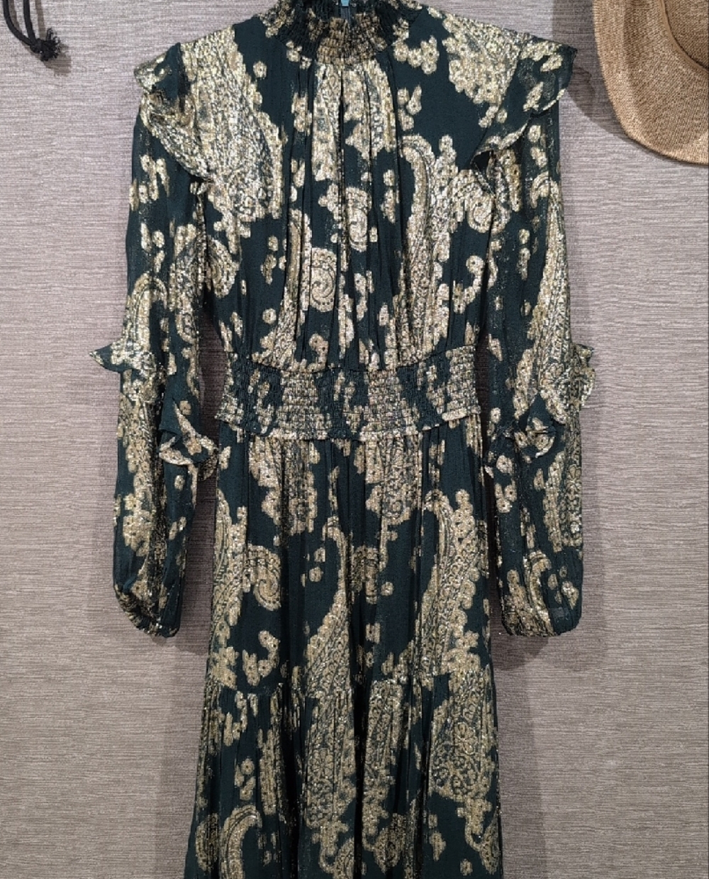 Dark Green /Metallic Gold Paisley Maxi Dress - Women's Elegant Long Sleeve Dress